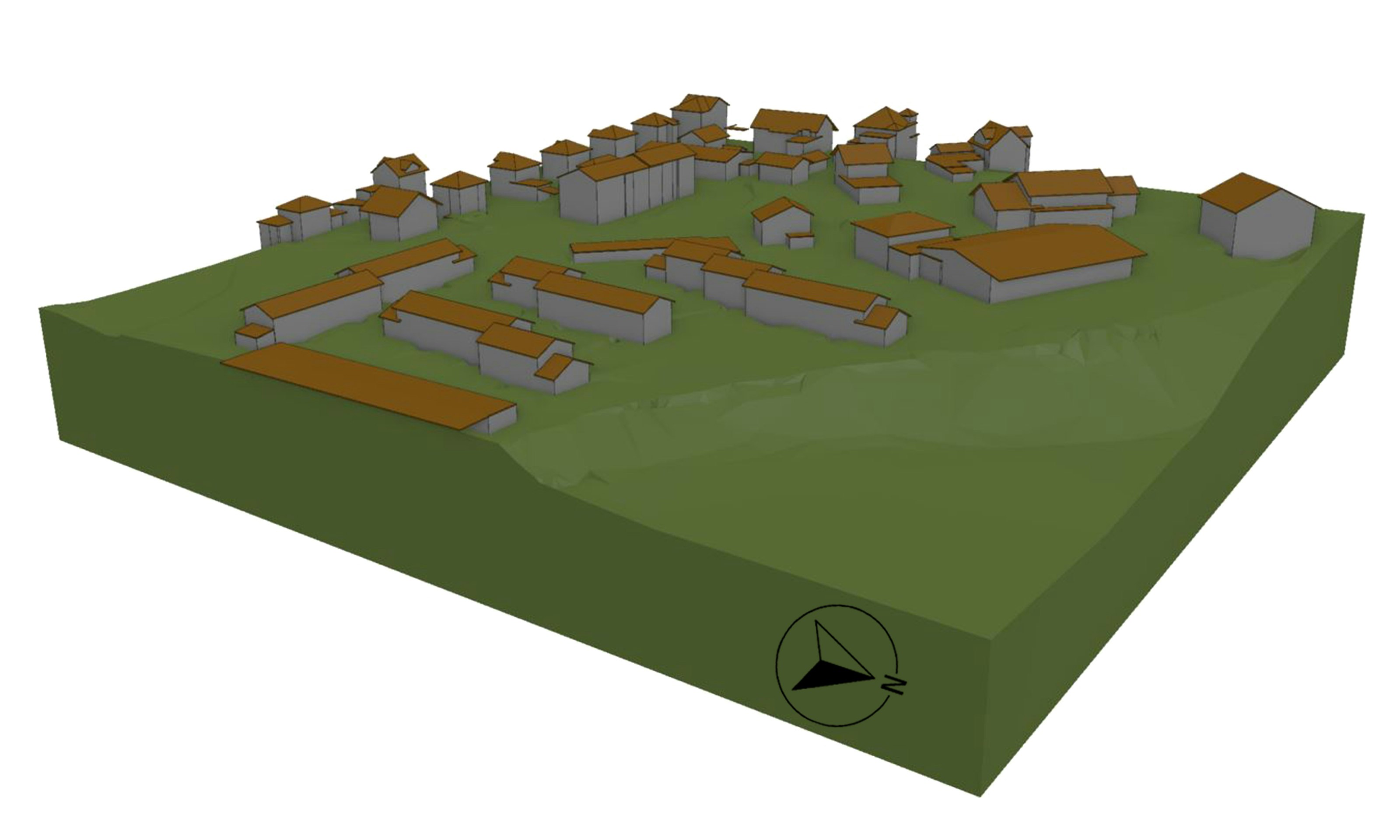 3D-Gebäudedarstellung aus der Vogelperspektive mit einem Terrain Solid in Waldgrüner Farbe.
