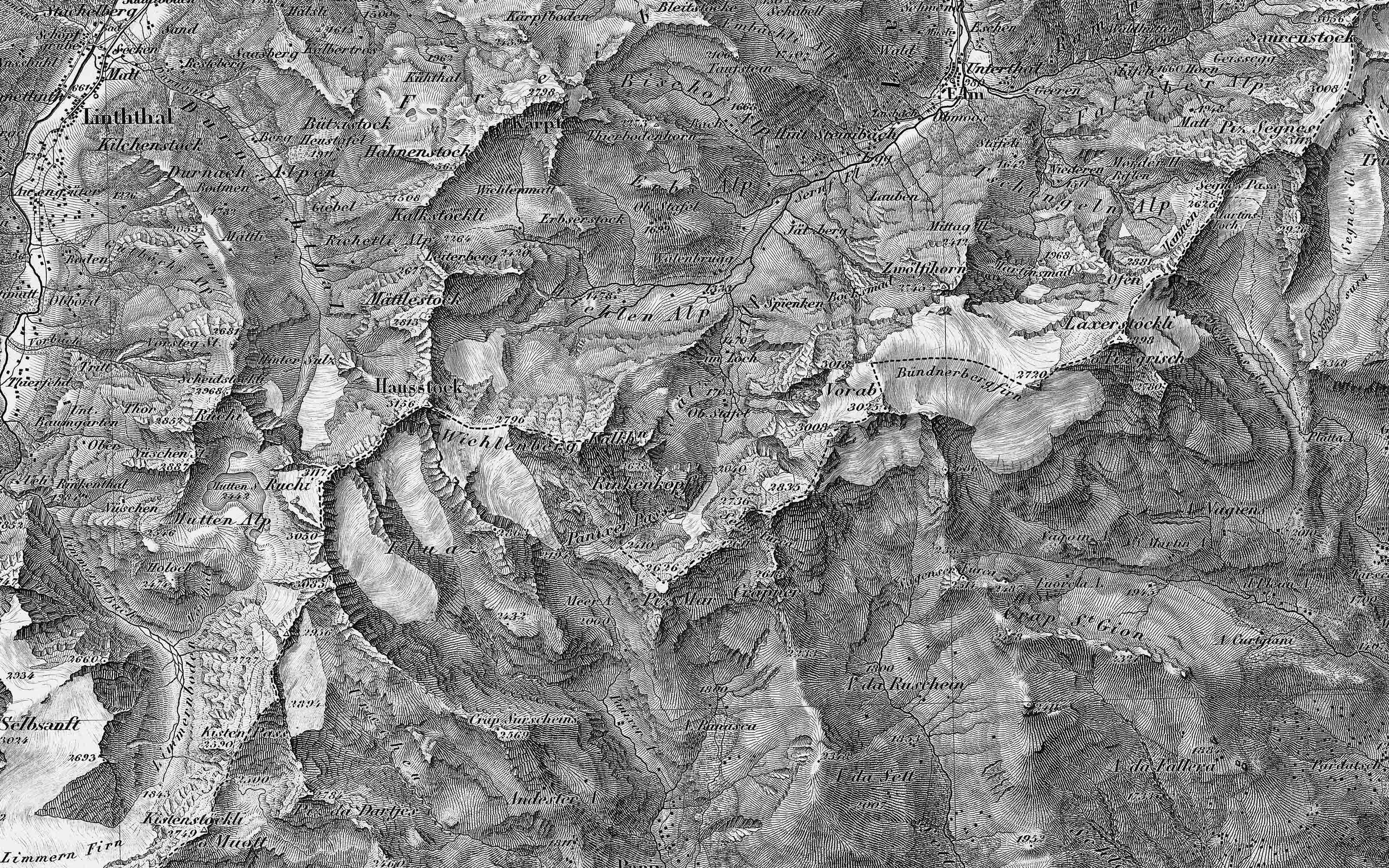 Ausschnitt der Dufourkarte, der die Beleuchtung von Nordhängen und die schattige Darstellung von Südhängen zeigt.