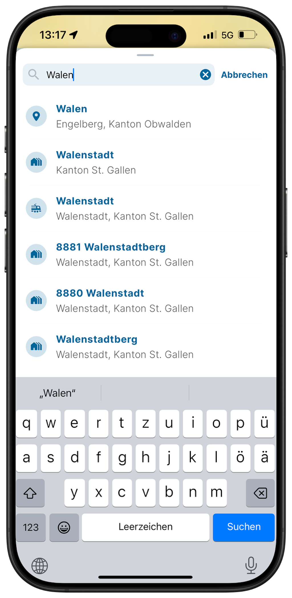 Screenshot der swisstopo-App mit der Suche