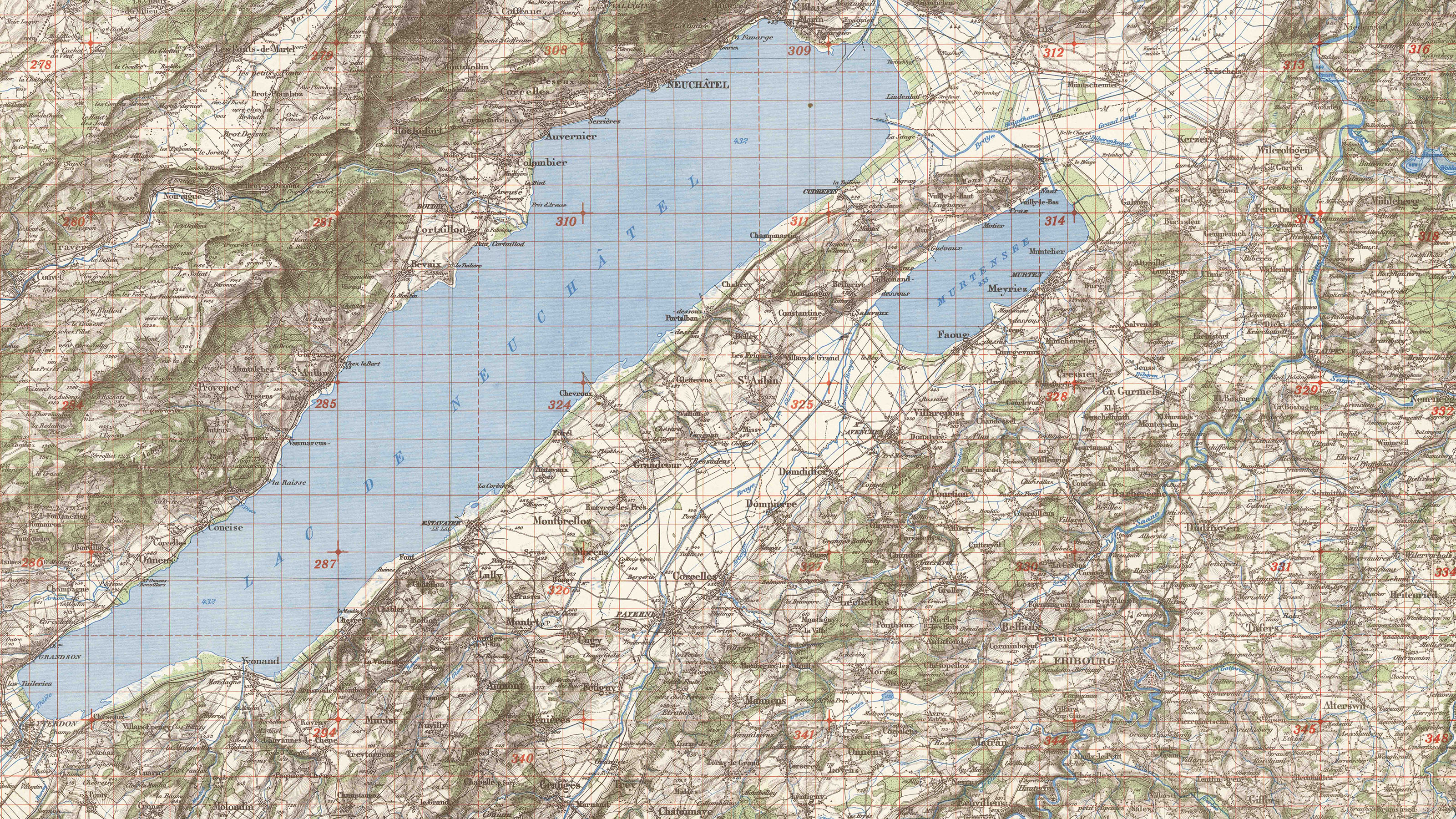 Das Bild zeigt einen Ausschnitt der Dufourkarte von 1939 mit rotem Kilometergitter.