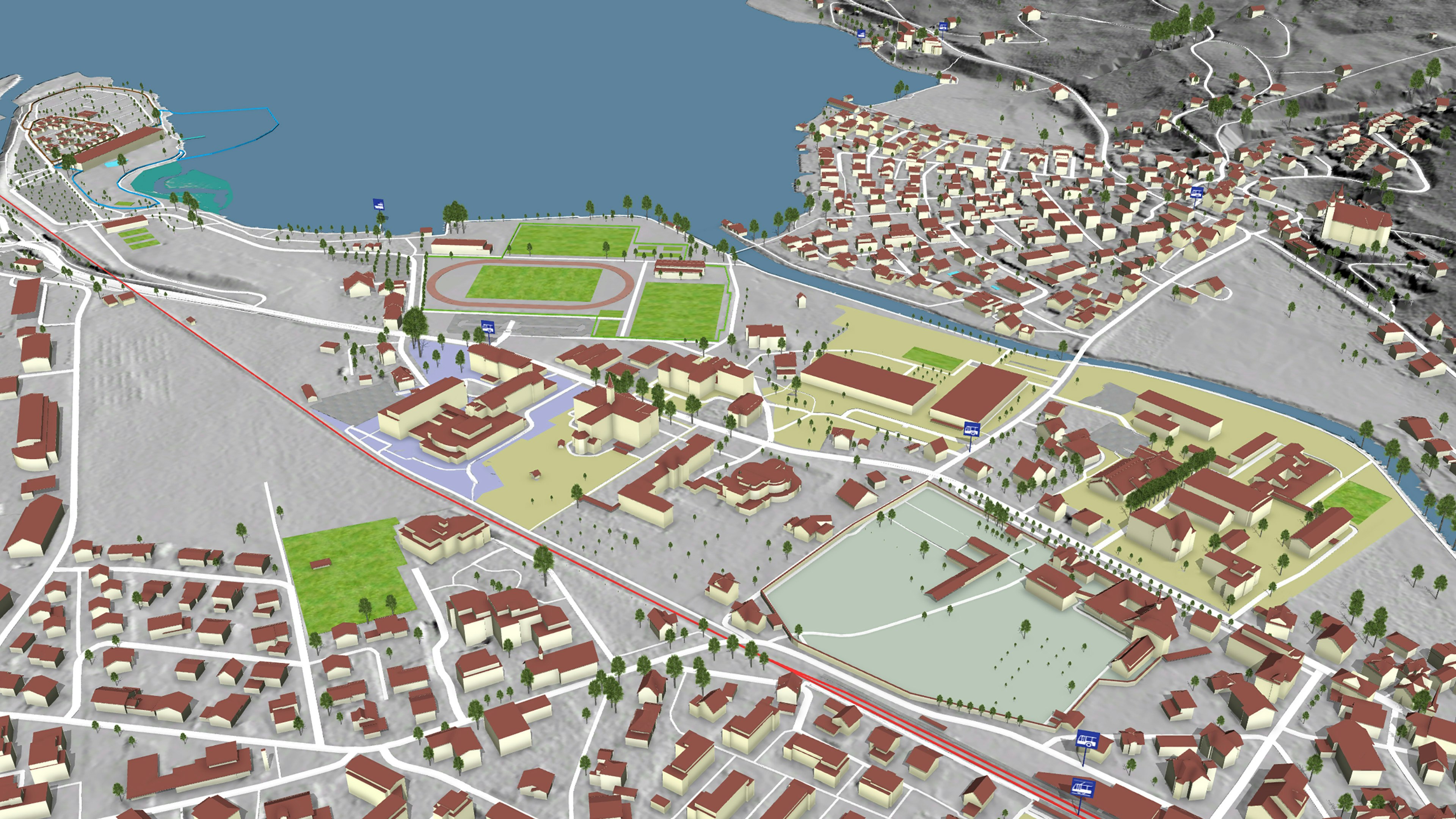 Virtuelle 3D Landschaftsdarstellung aus der Vogelperspektive eines bebauten Gebietes mit einem See, erstellt mit Daten aus dem Topografischen Landschaftsmodell (TLM).