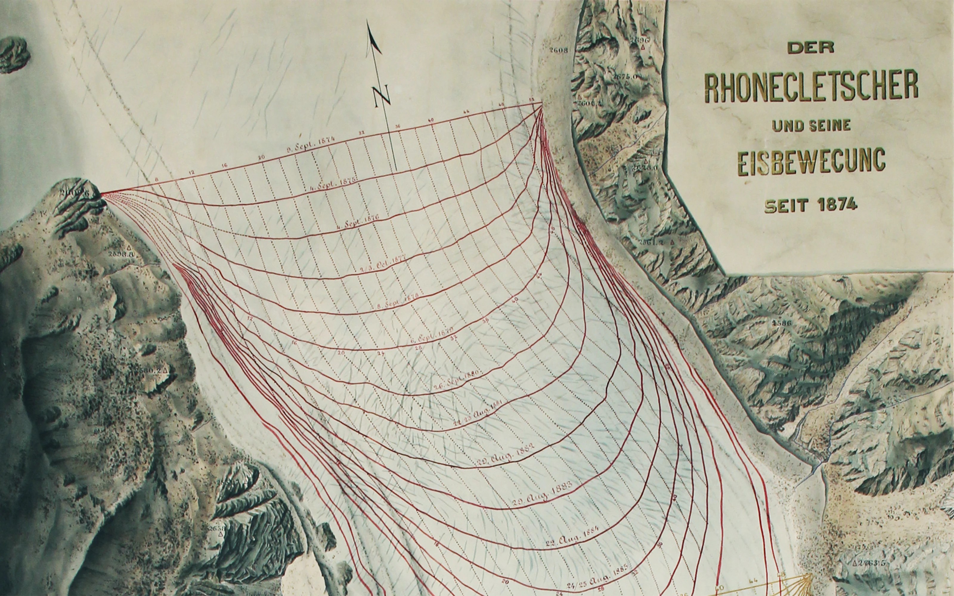 The successive red lines indicate the glacier’s advance. This was mapped by positioning coloured stones and periodically recording their location.