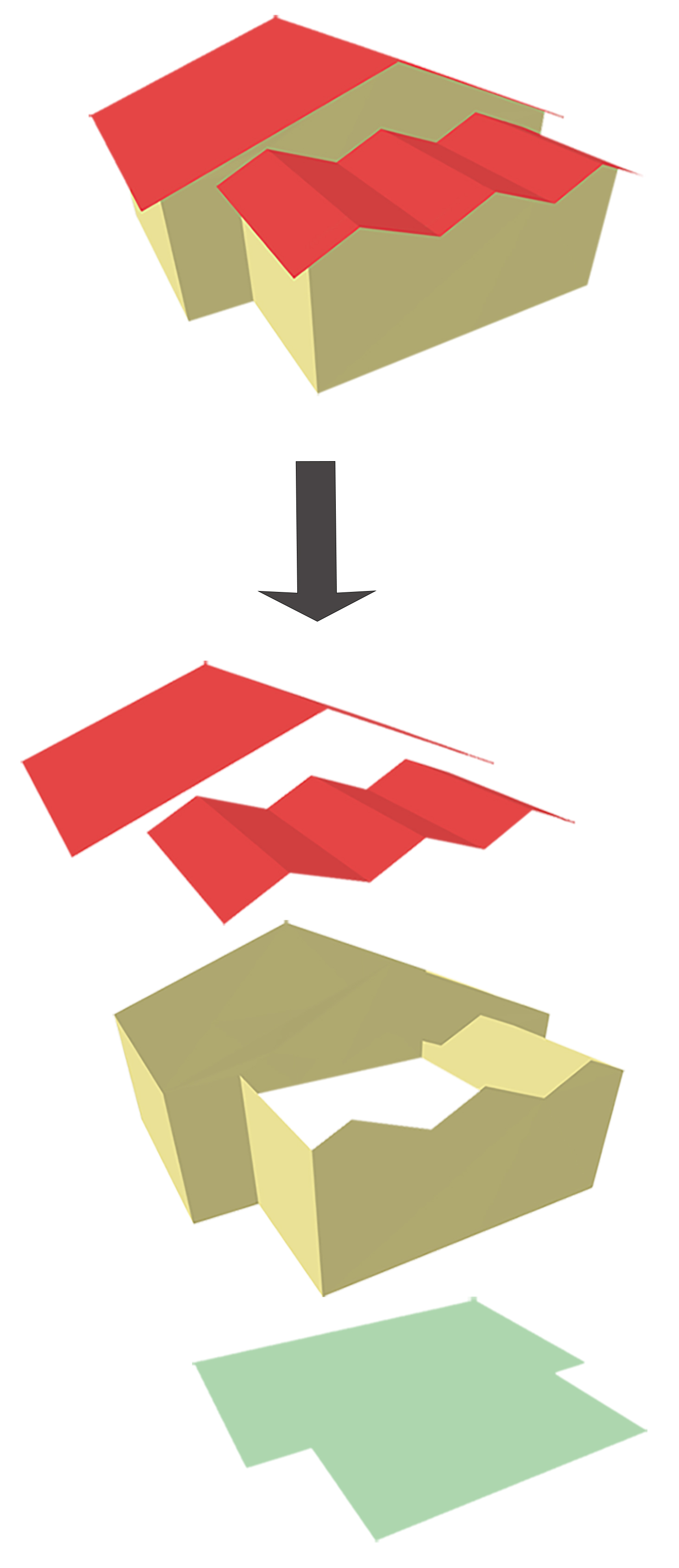 The separate roofs, facades and footprints modeled as surface objects