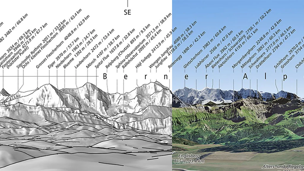 The collage shows two product variants of a DIGIRAMA Deluxe. On the left as a greyscale image and on the right a panoramic image overlaid with an orthophoto.