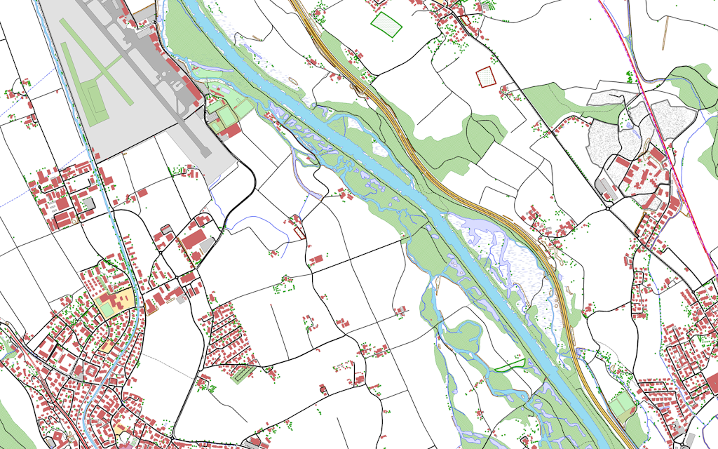 The image shows the swissTLM3D landscape model in the Belp - Rubigen - Allmendingen b. Bern region
