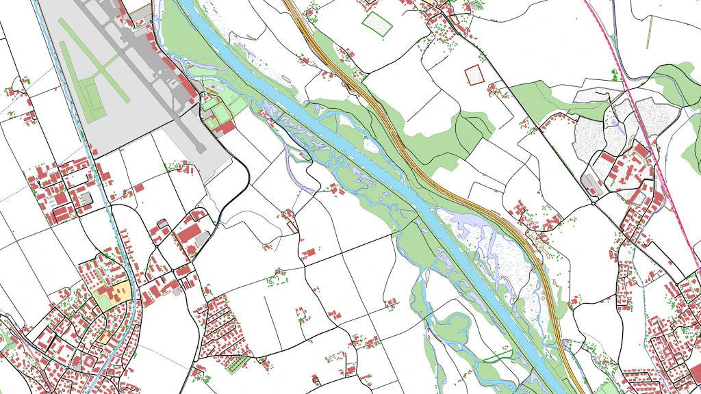 The image shows the swissTLM3D landscape model in the Belp - Rubigen - Allmendingen b. Bern region
