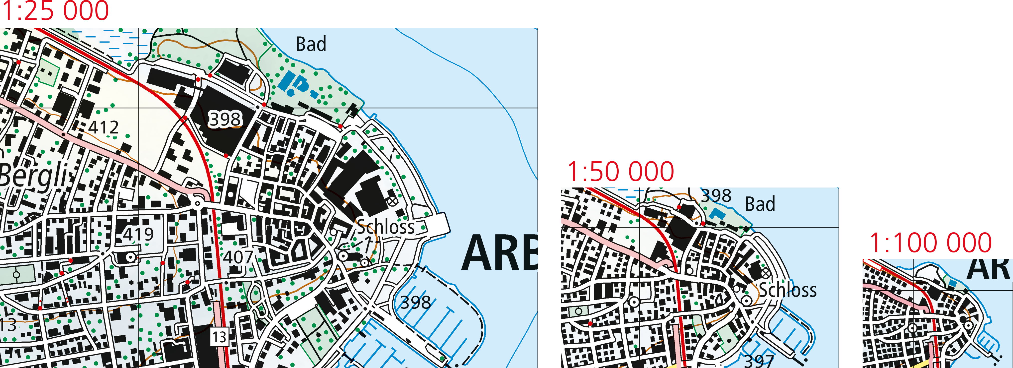 The same surface shown to various scales.