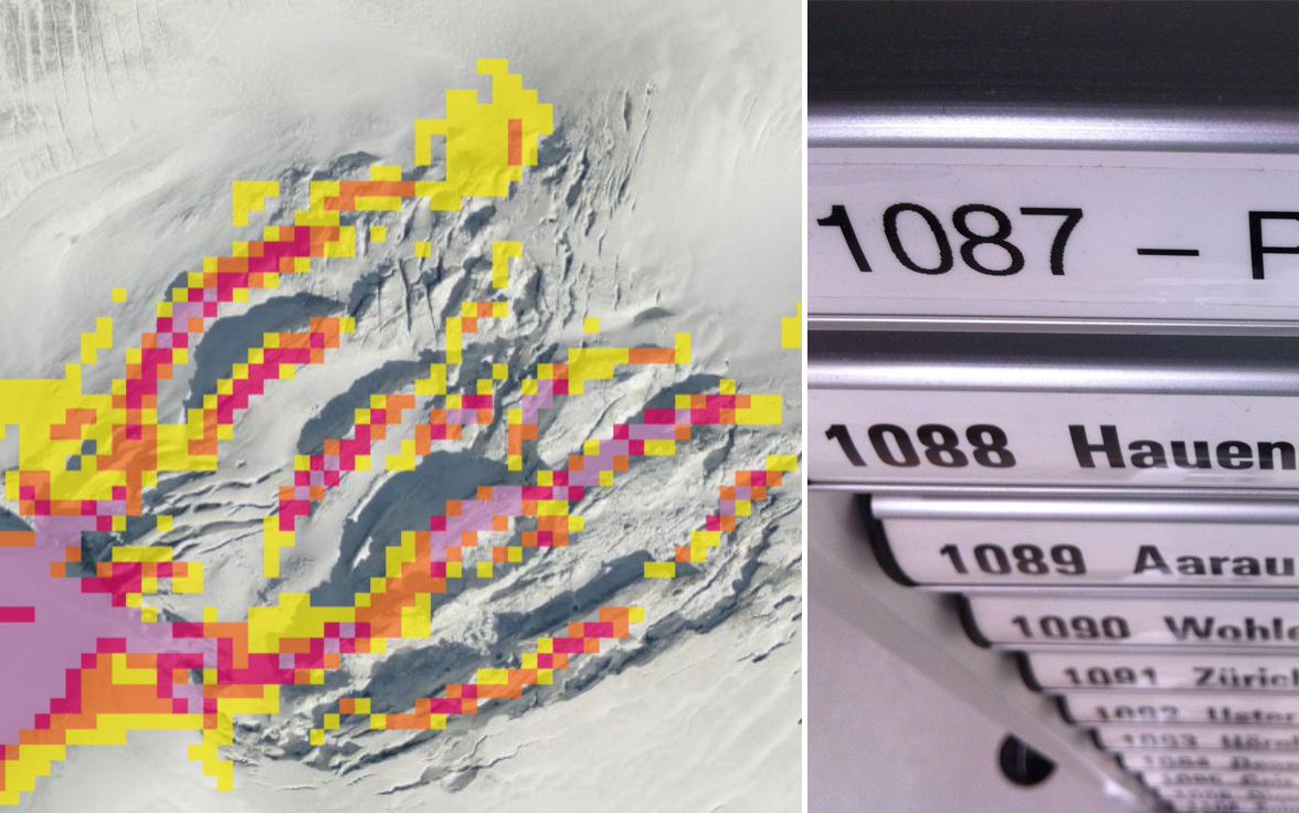 Collage of a glacier change analysis and the drawers in which historical maps are stored.