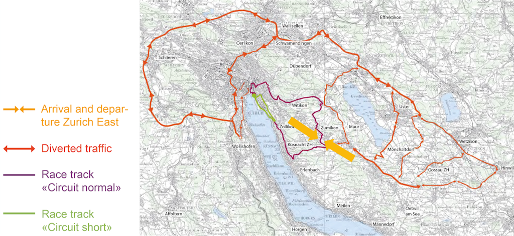 Map of Zurich and the surrounding area showing the race tracks and diversion routes, which run well clear of the race zones.