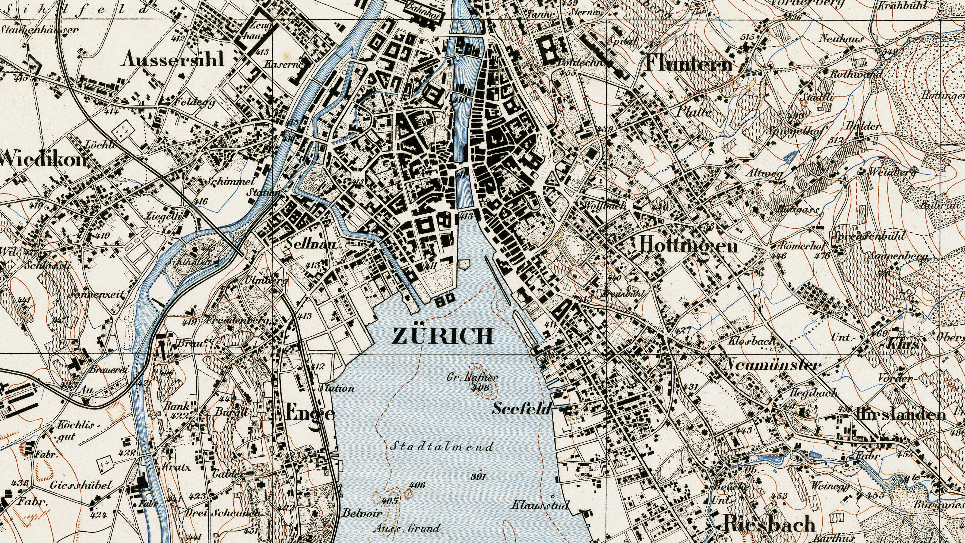 Section of the Siegfried Map in the area of Zurich. The map is multi-coloured. The city centre and lake can be seen. The detail from sheet 161 of the first edition of the Siegfried Map at 1:25 000 scale dates from 1881.