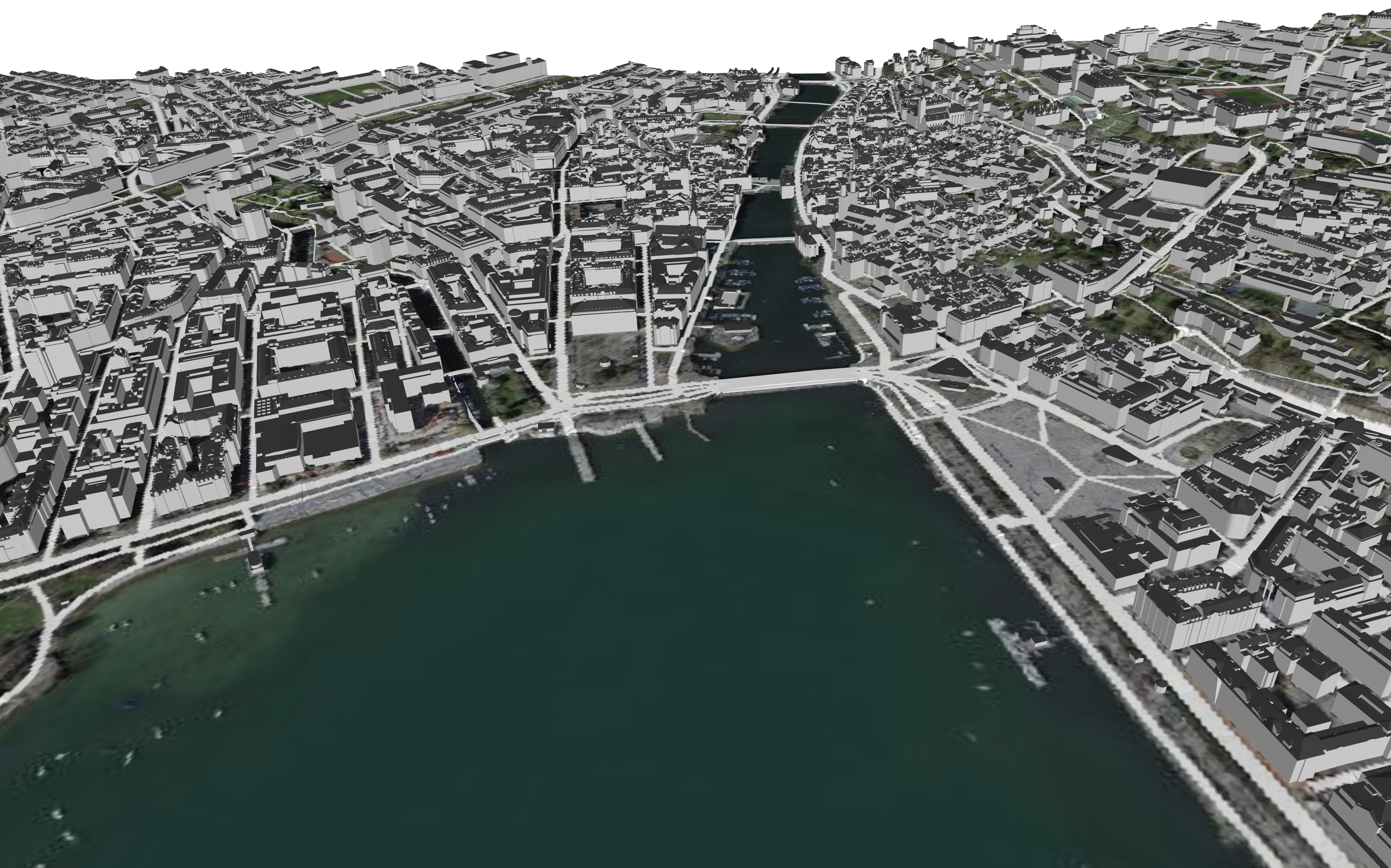 The figure shows data from the minimal data package of a section of the city of Zurich, where the terrain was textured with an orthophoto and burnt-in traffic axes and the buildings were coloured with a light greyish façade and dark grey roofs.