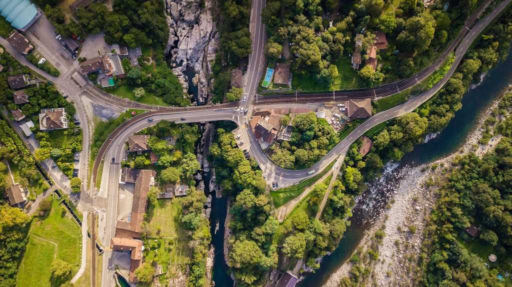 Aerial view of the Maggia River in Ticino, Switzerland.