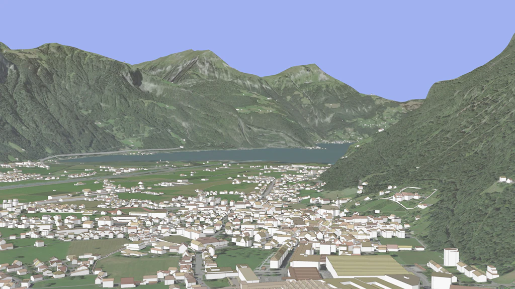 The image shows 3D building models in Altdorf integrated into a 3D model textured with an aerial image.