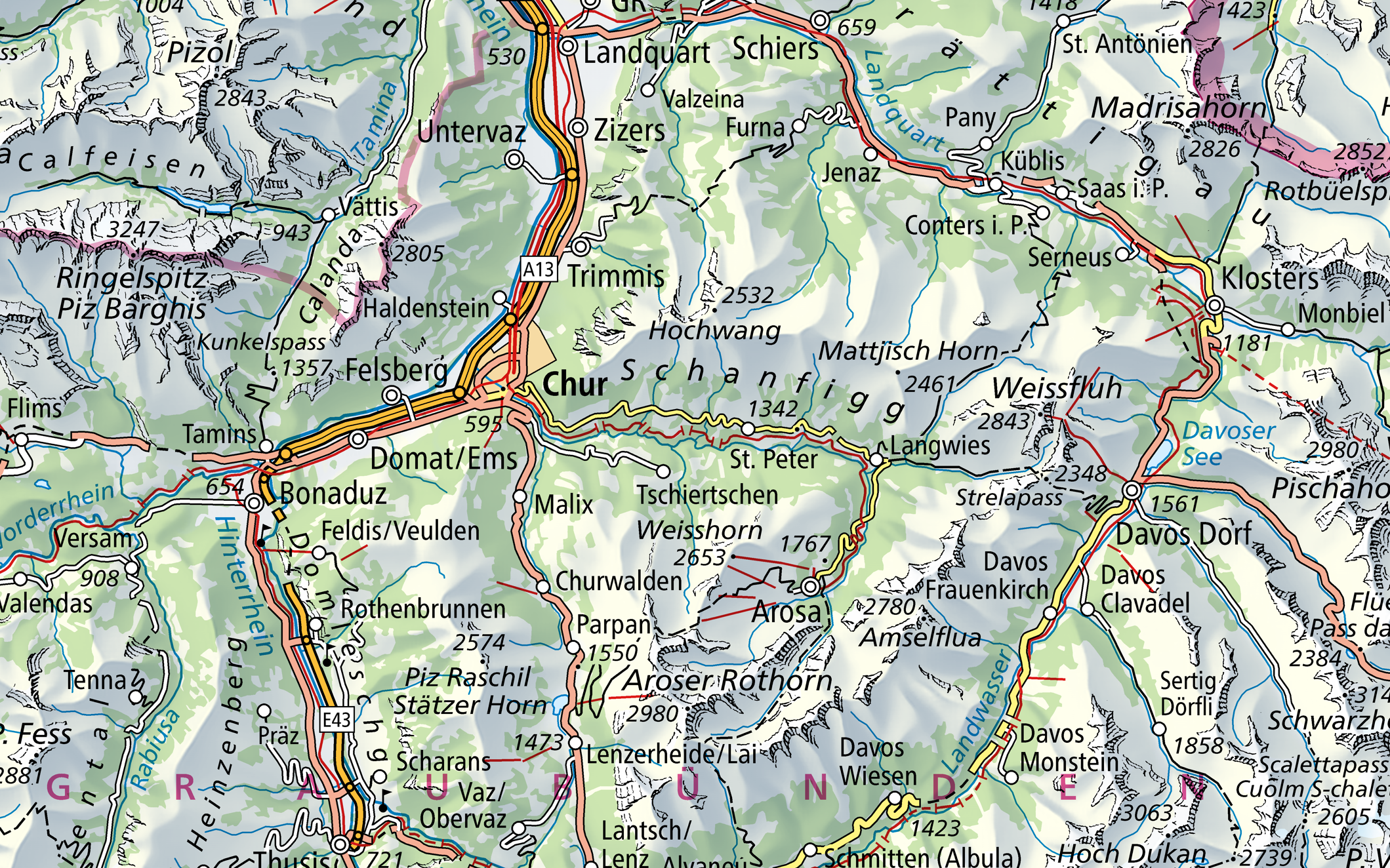 The picture shows a section of the Swiss Map Raster 500 map of the Graubünden region, from Landquart - Thusis and Klosters - Flims.