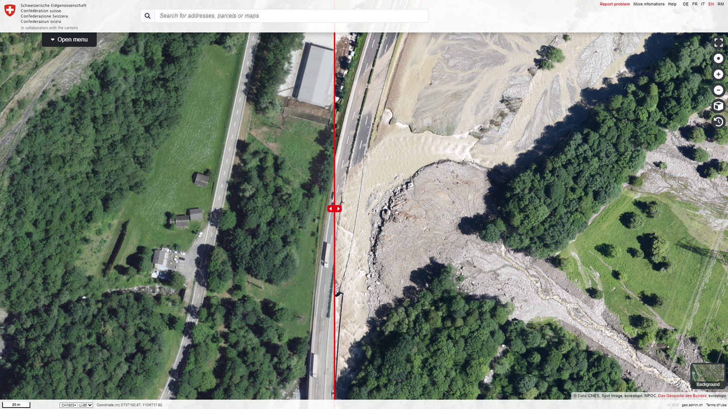 Print screenshot from the federal geodata portal of Misox in 2024: comparison before and after the event