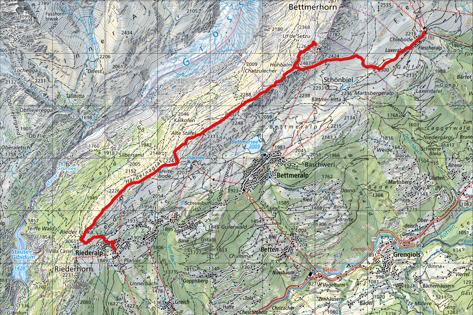 Map section with hiking route from Bettmeralp via Viewpoint Bettmerhorn to Fiesch marked in red.