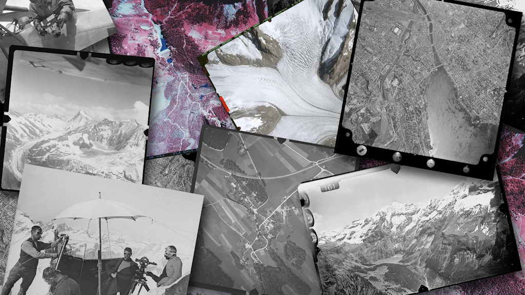 Examples of historical aerial photographs and terrestrial images from the swisstopo image collection in the form of a collage.