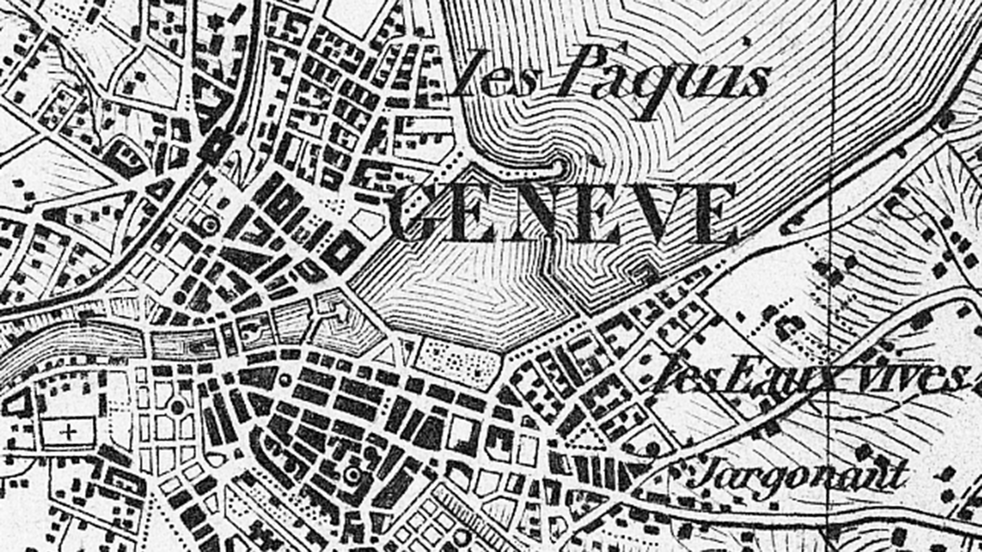 Section of Geneva from the Dufour map of 1869. The two erratic blocks in the Lake Geneva basin are not shown.
