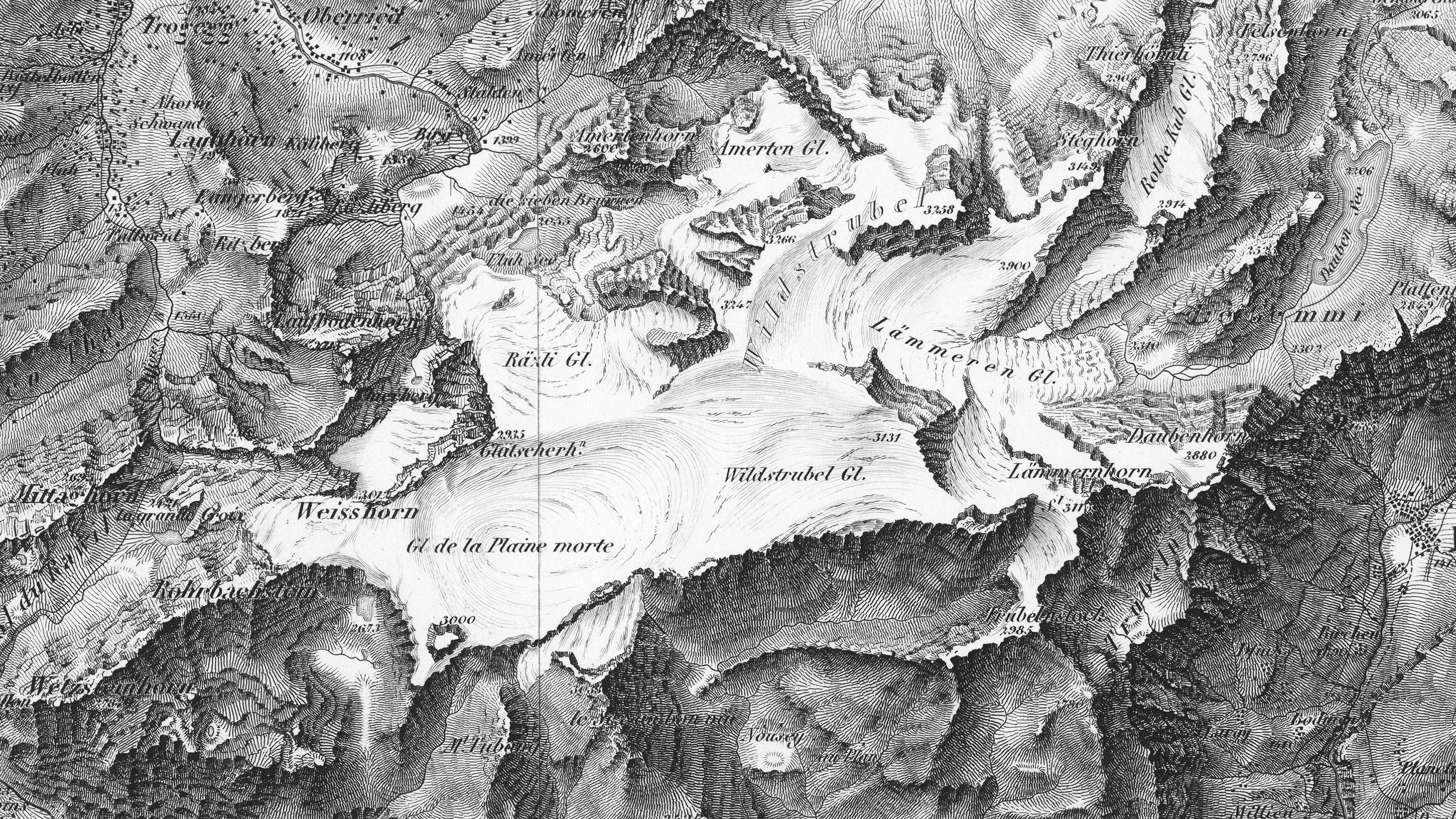 Section of the Dufour map, sheet 17 from 1844, showing the ice worlds of the Wildstrubel glacier and neighboring glaciers in flat white, while the surrounding mountains are depicted in black rock.