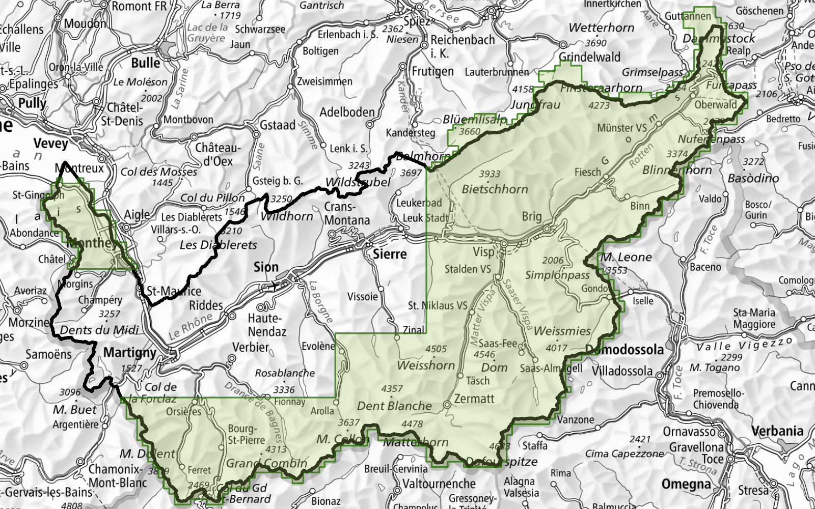 The image shows the areas covered by swissSURFACE3D within the canton of Valais as of 14 April 2023