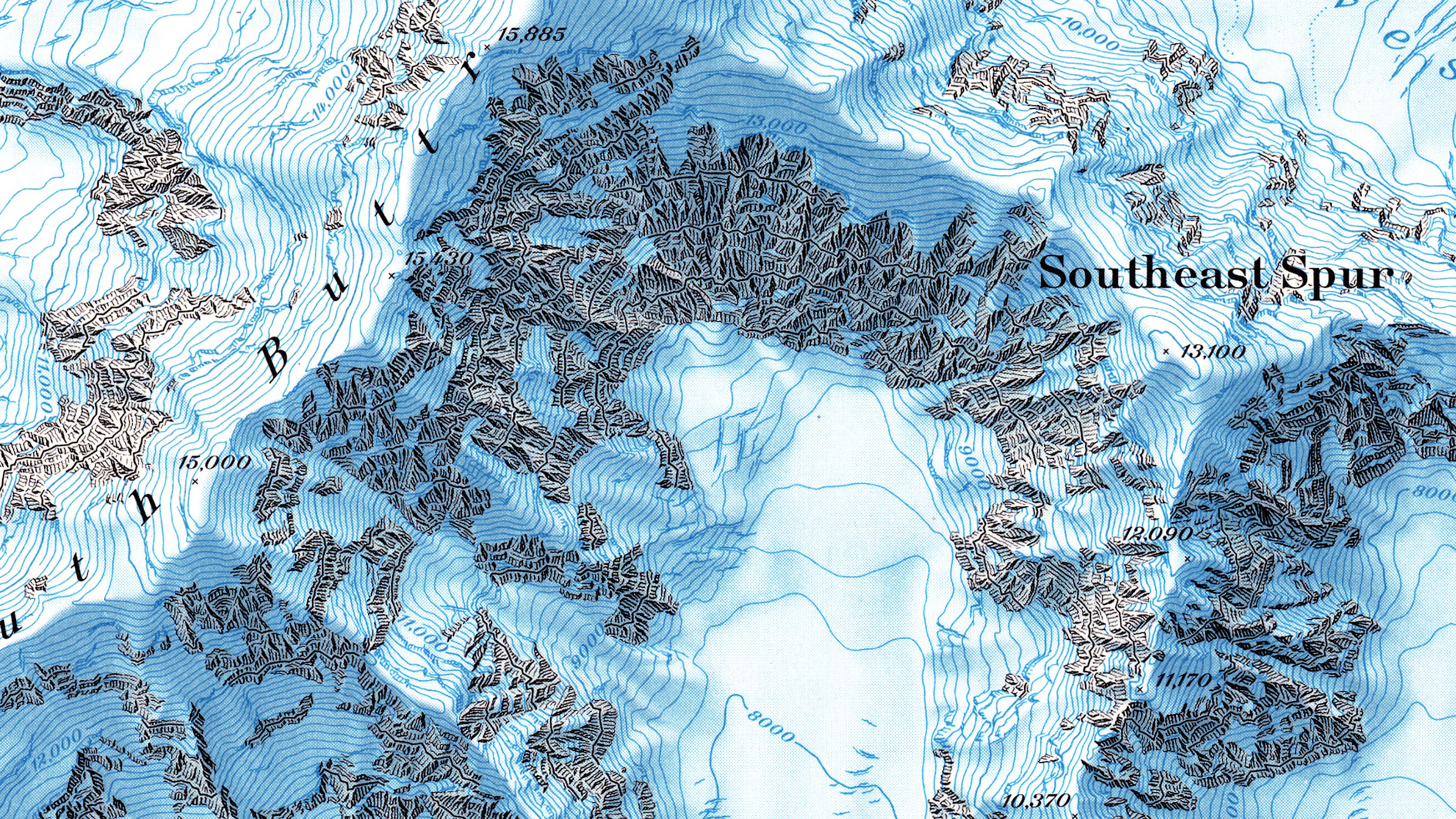 Section of the McKinley map, in which the contour lines are artfully integrated into the rock depiction.