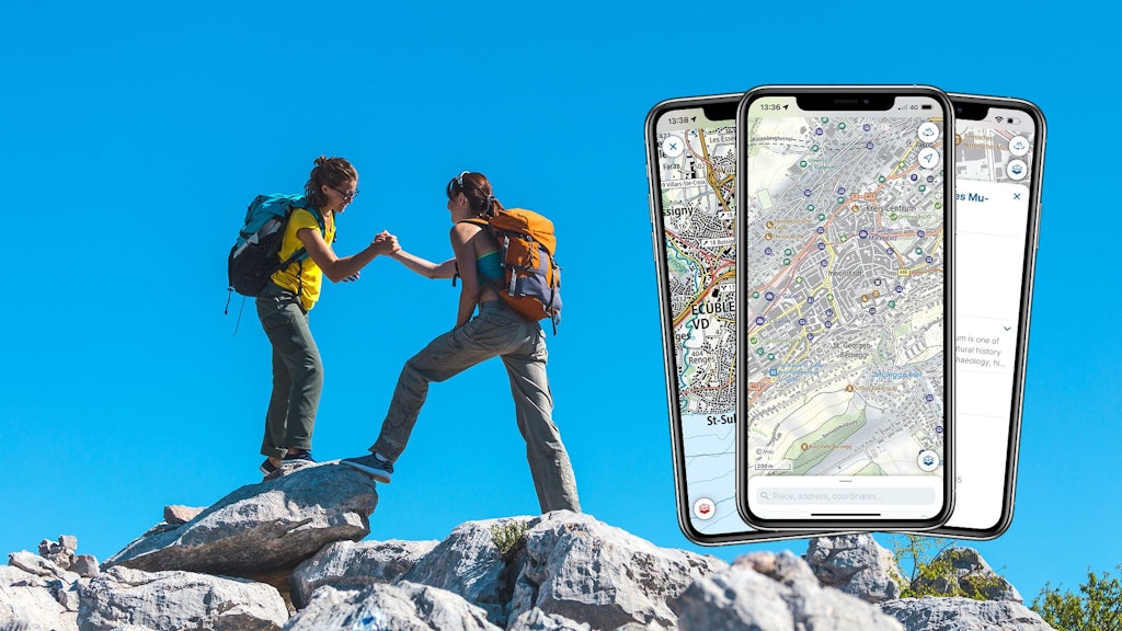 screenshots from swisstopo app with women clapping in the background