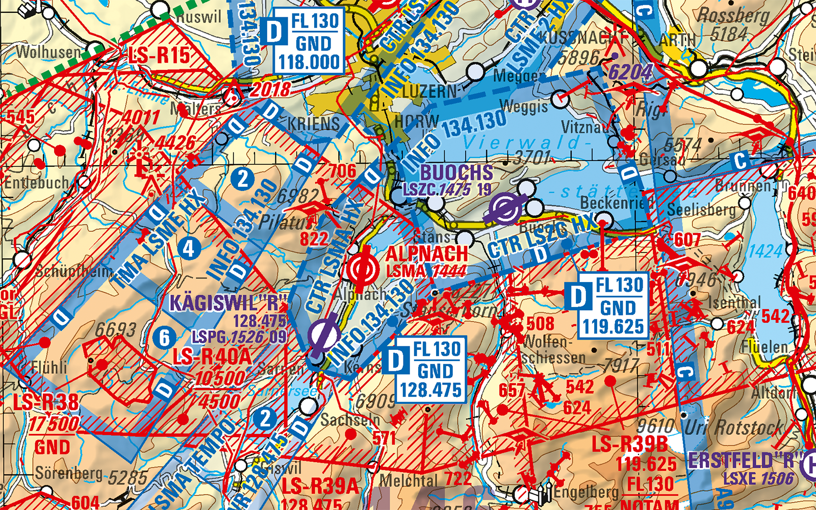 The picture shows a section of the aeronautical chart of the Lake Lucerne region and south-west to Sörenberg.