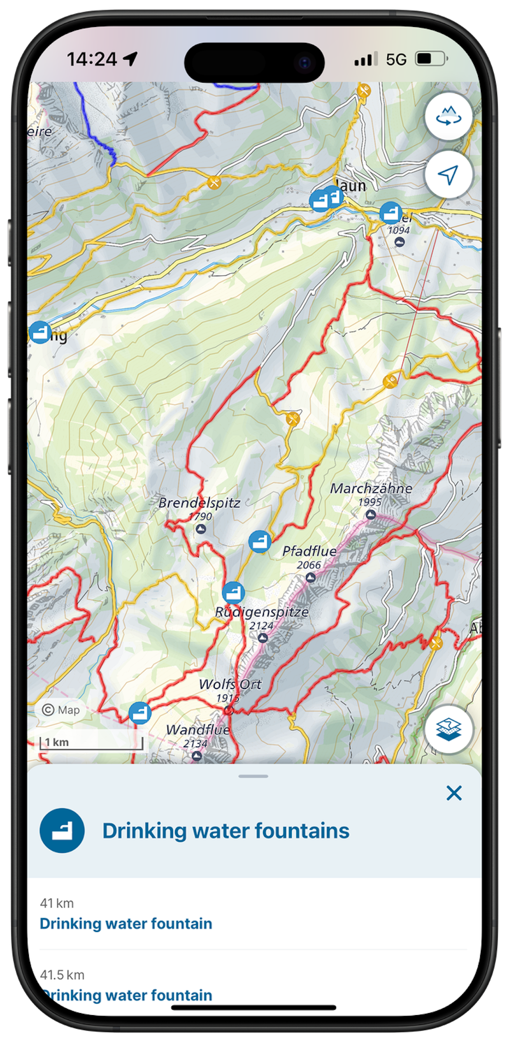 Screenshot of the swisstopo-App with the POI search