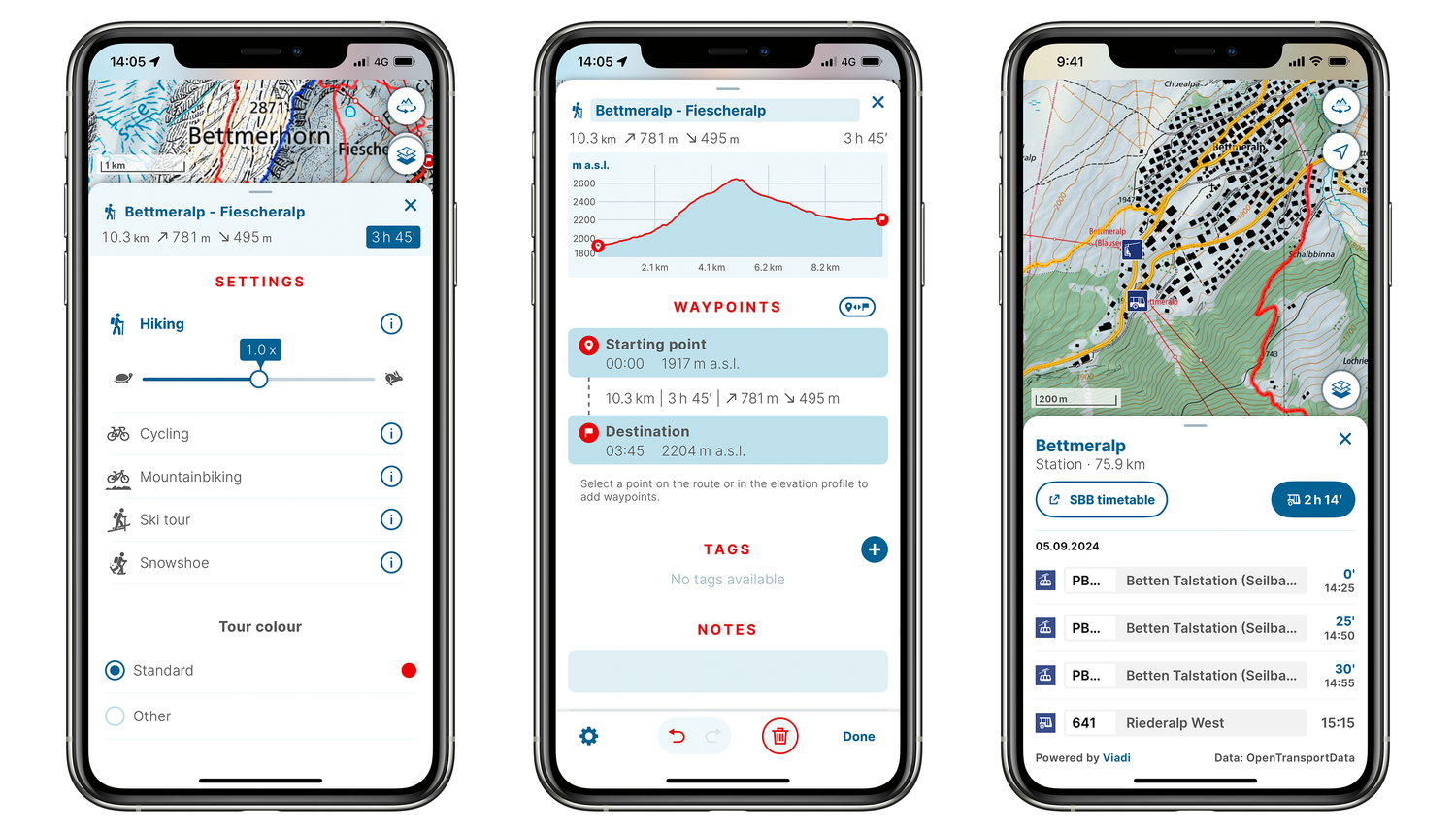 Screens swisstopo app form planning a tour