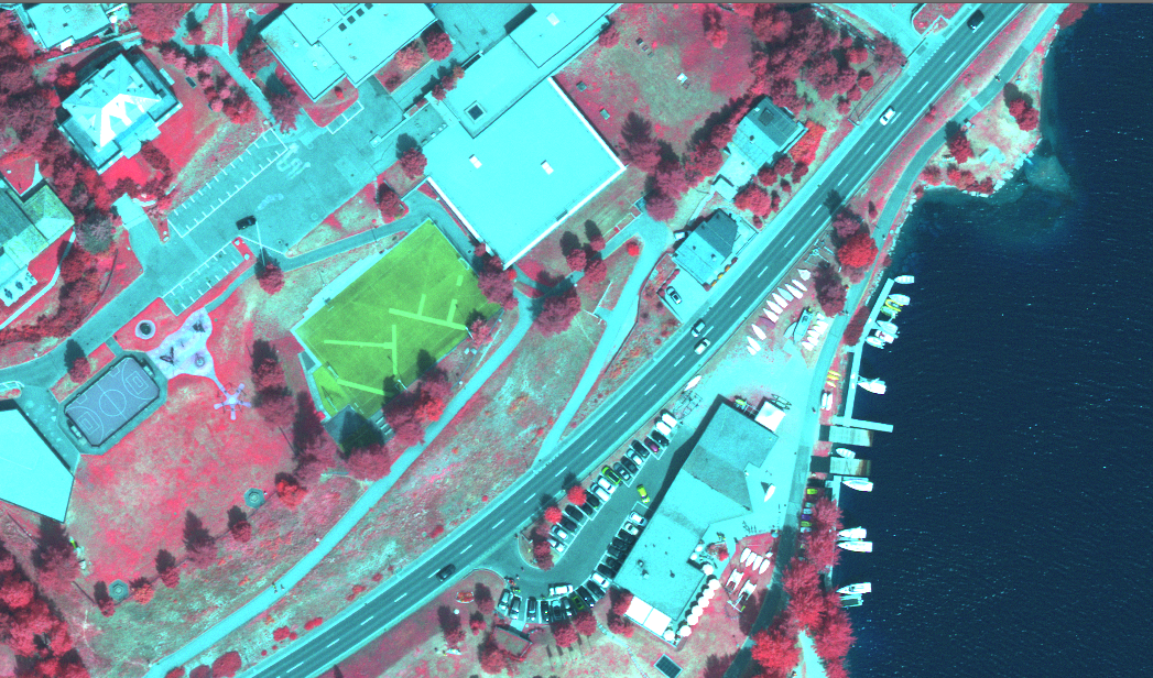 The image shows an infrared aerial view of the St. Moritz (GR) area with lake.