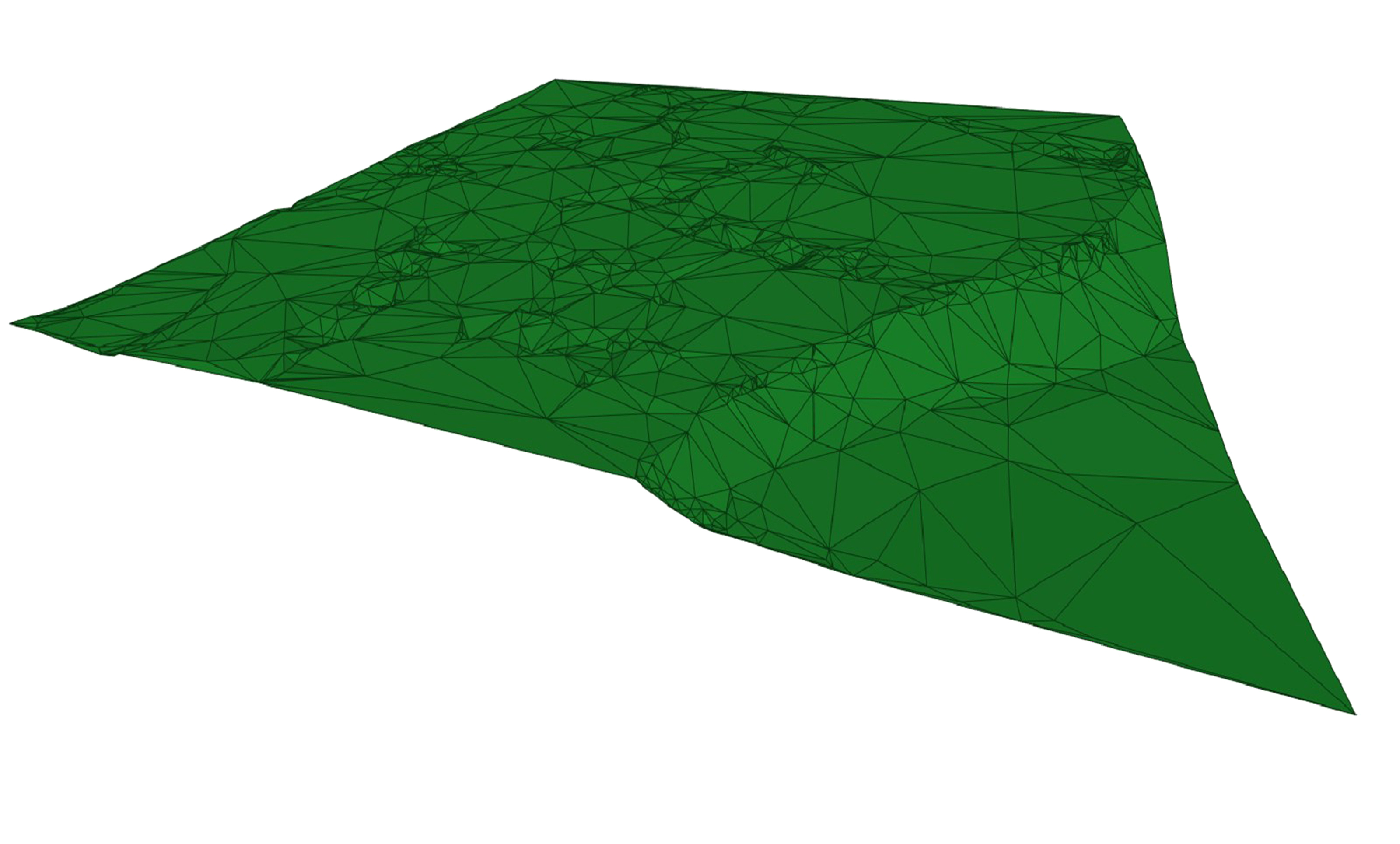 3D terrain representation as a surface model (Terrain Surface) from a bird's eye view in green colour.