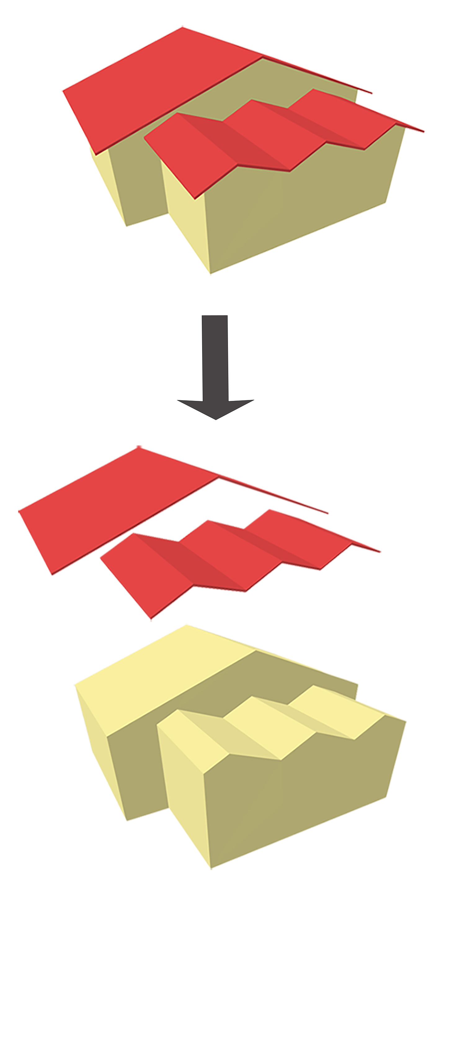 The solid model with the separate buildings and roofs as closed solid objects