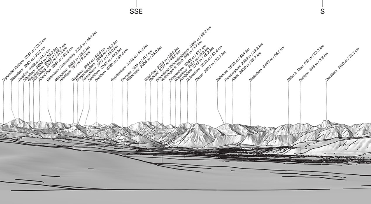 Section of a DIGIRAMA Standard with view from Rüfenacht (BE) towards the Brienzer Rothorn. The greyscale image shows the existing terrain silhouette.