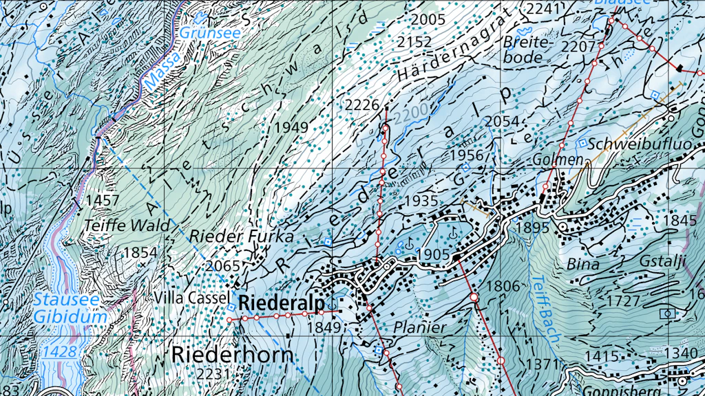 The picture shows a section of a map of Riederalp and the surrounding area in winter colours.