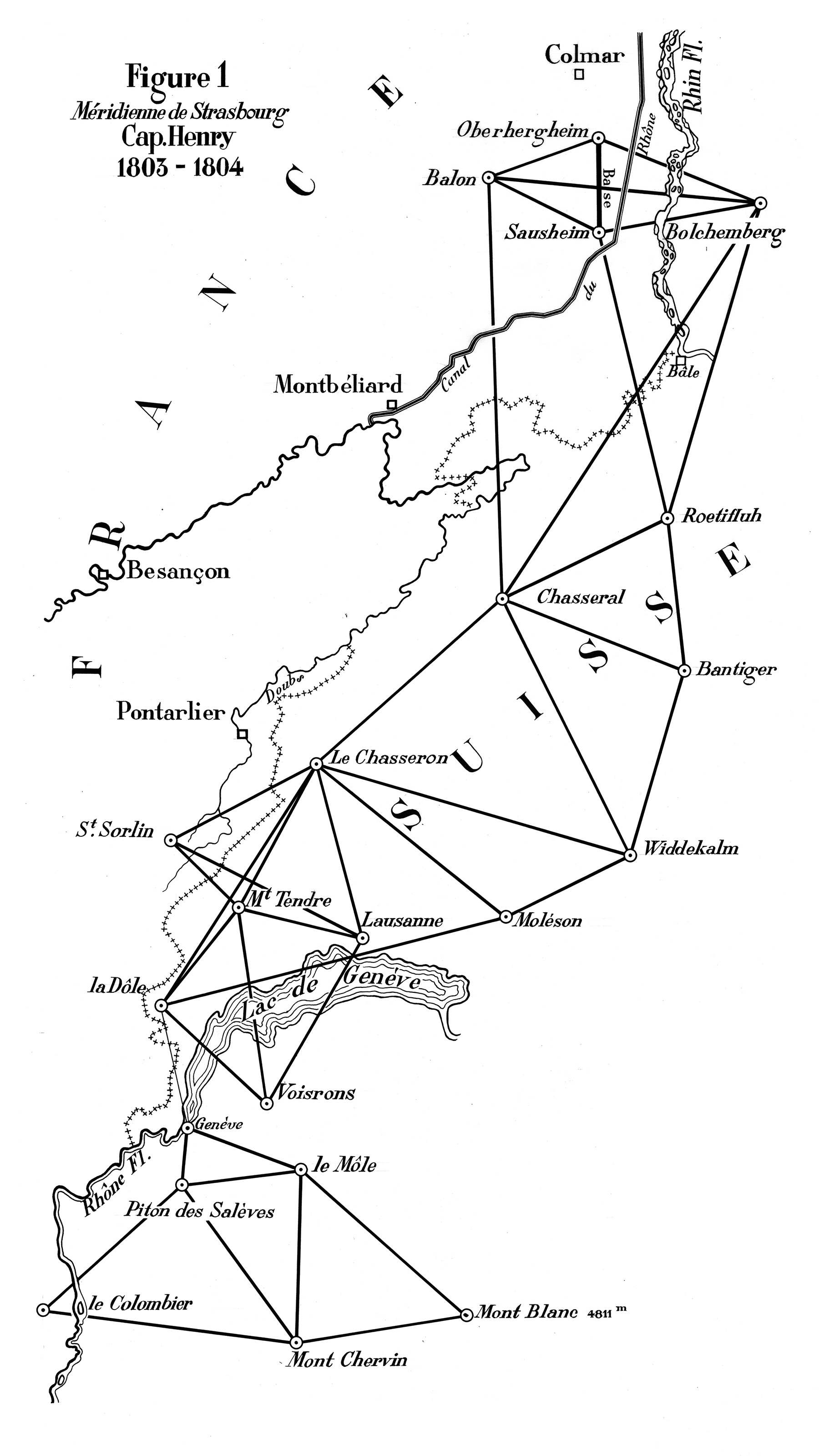 Triangulation network that extends from Colmar to the south of Lake Geneva. In Switzerland, the Chasseral and the Bantiger are among the network points.