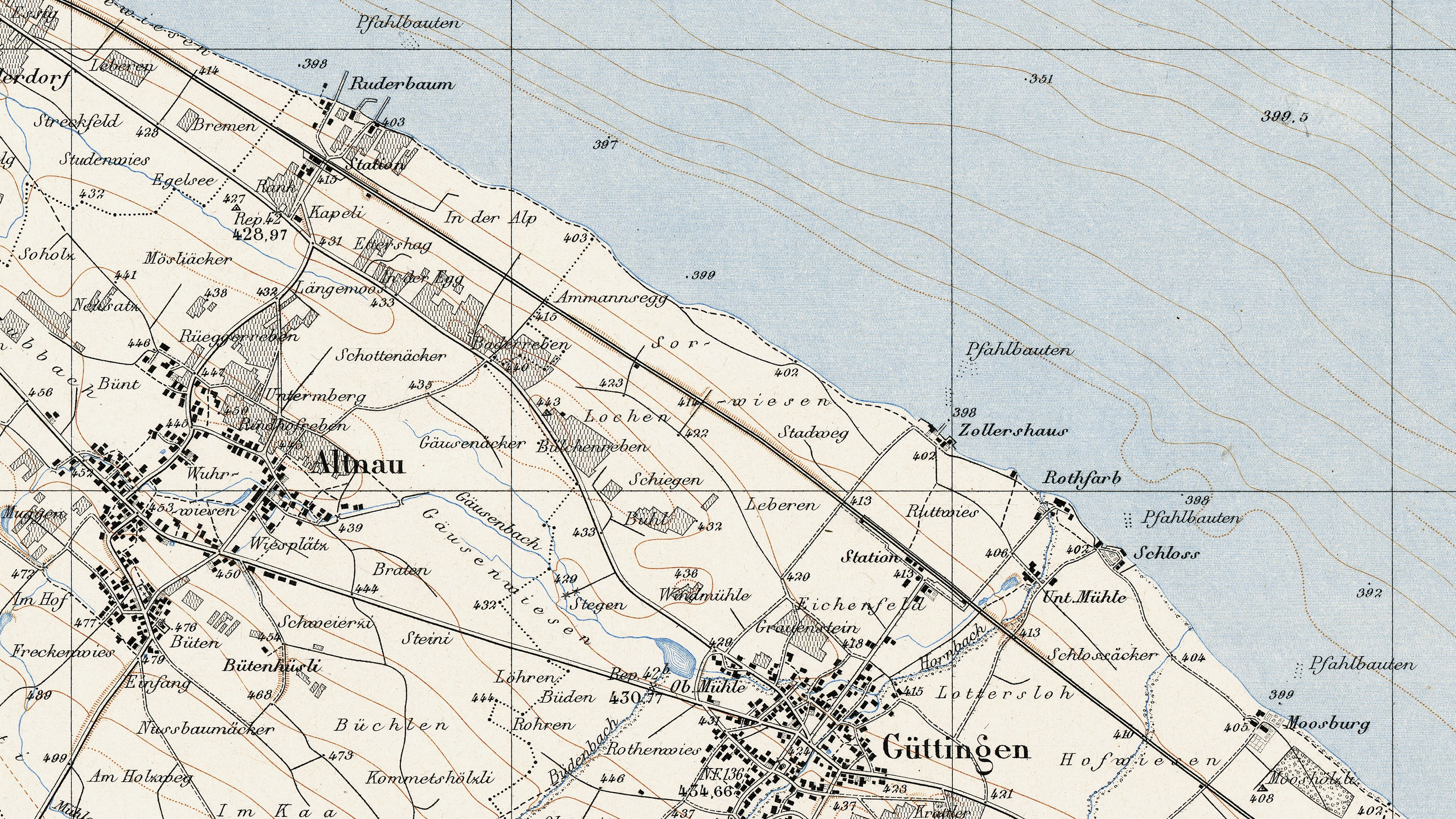 Section of the Siegfried Map sheet number 61 (Lake Constance coast of Thurgau). With its three-colour representation, contour lines, forest areas, lake depths and numerous other details, the section illustrates the high information density of the Siegfried Map compared to the Dufour Map.