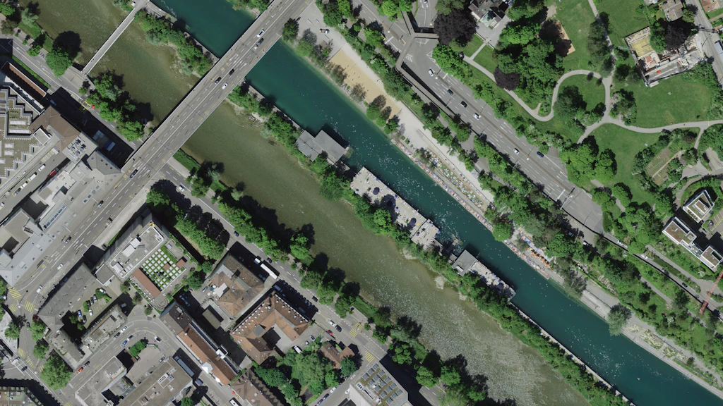 Aerial view of Zurich, confluence of the Limmat and Sihl rivers
