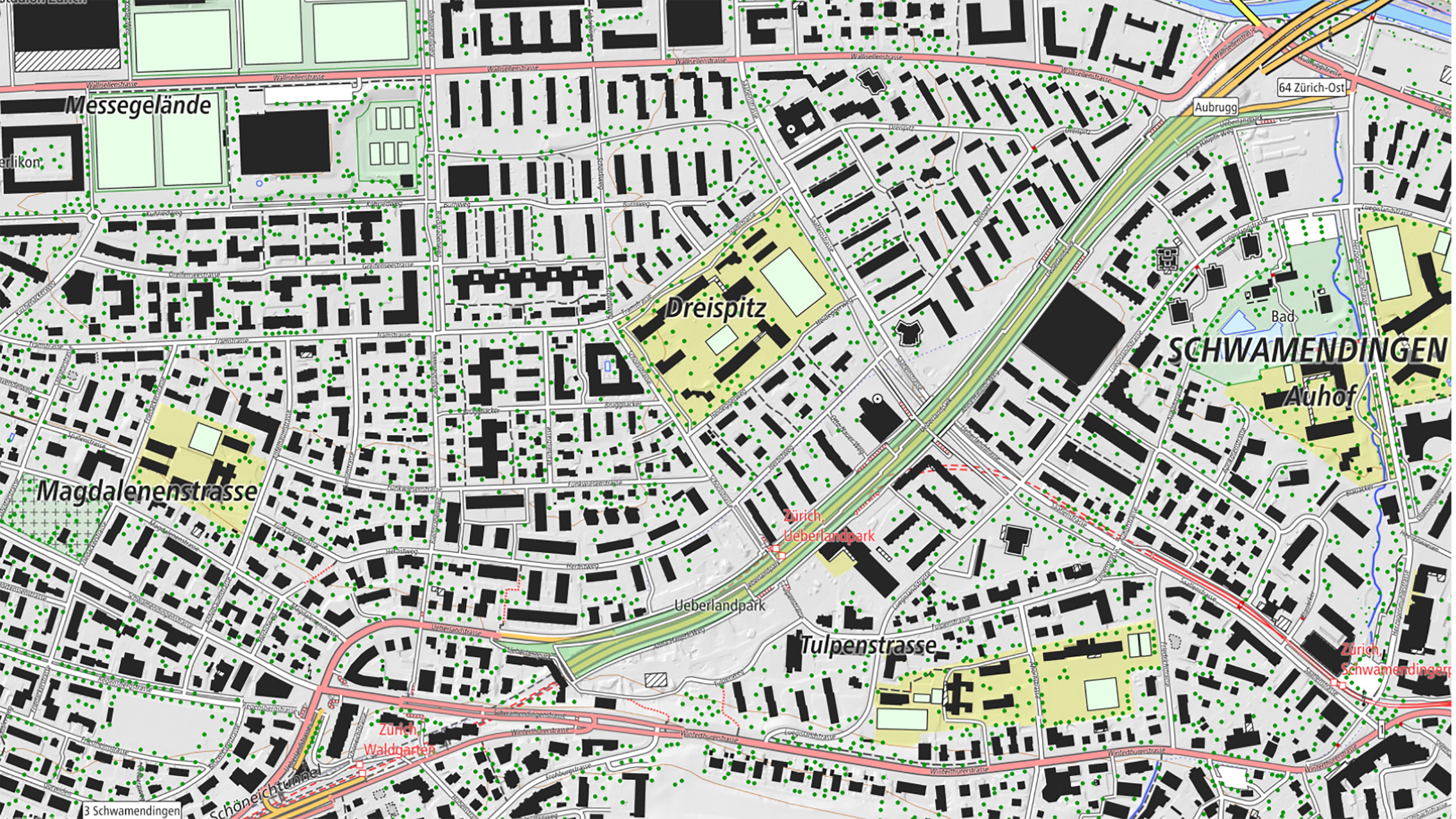 The image shows a section of the swissTLM-Map in Schwamendingen.