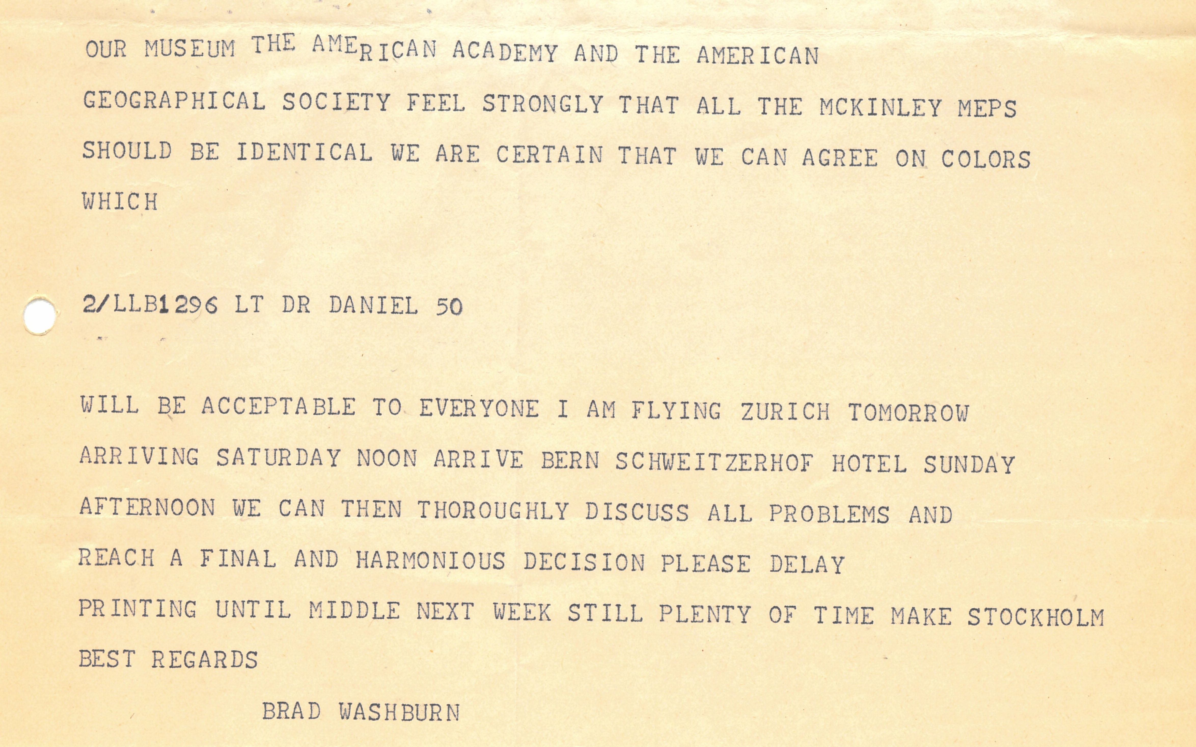 Telegram from Bradford Washburn to the Federal Office of Topography announcing his arrival in Bern for a working visit.