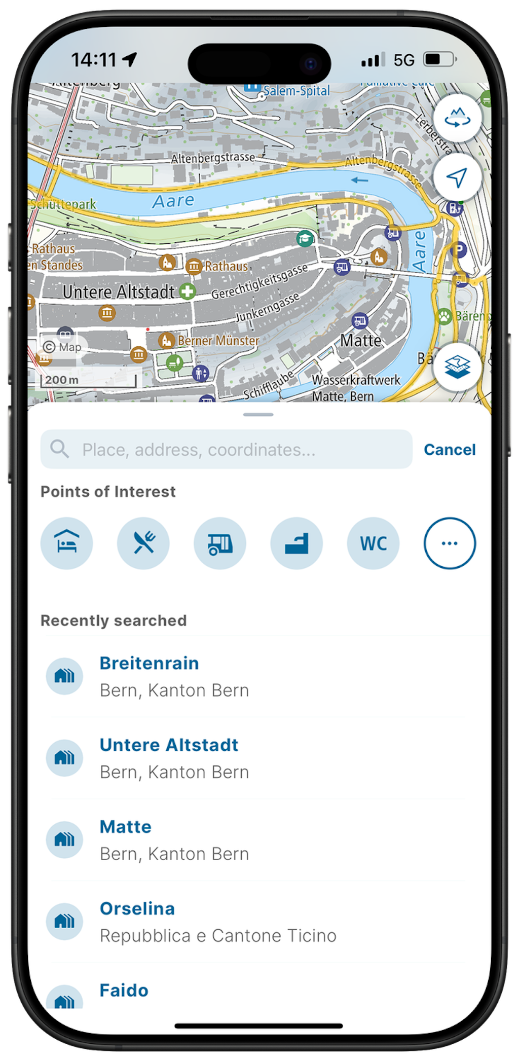Screenshot of the swisstopo app with the search function