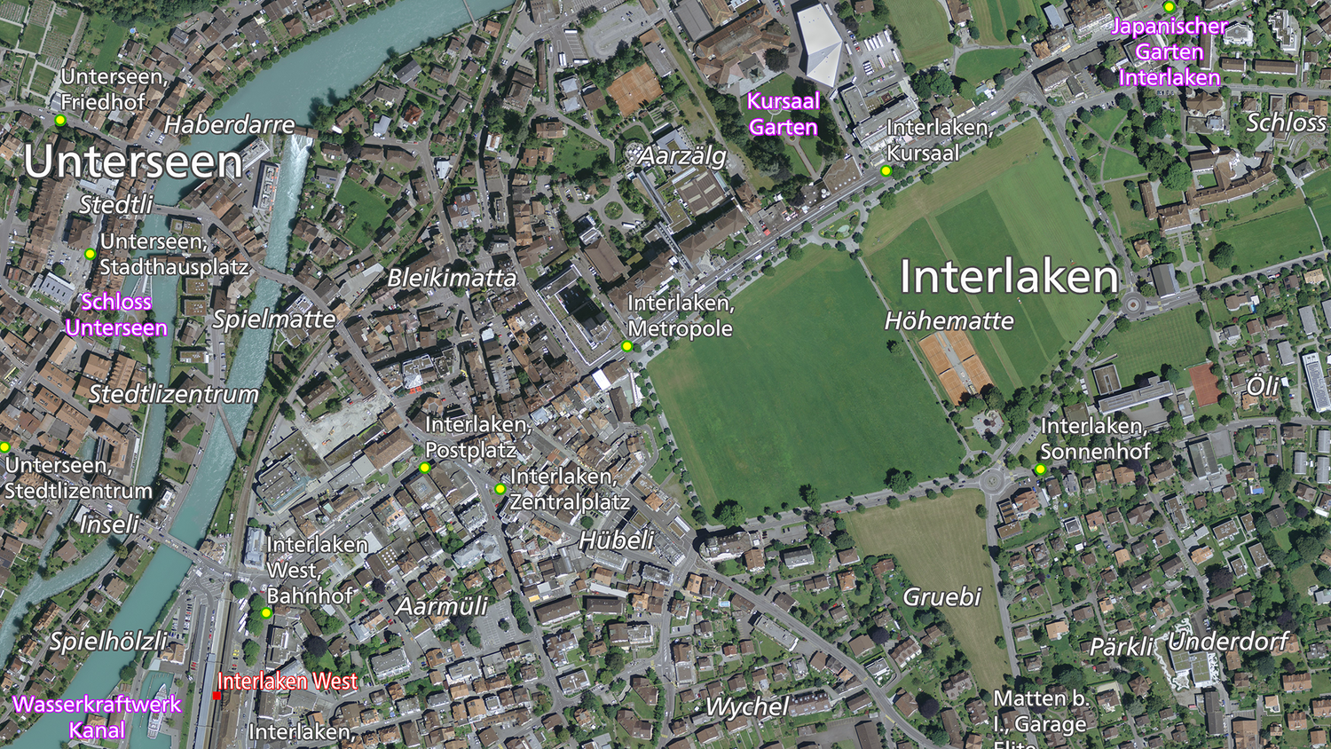 The picture shows an aerial image which is overlaid by geographic names of Interlaken