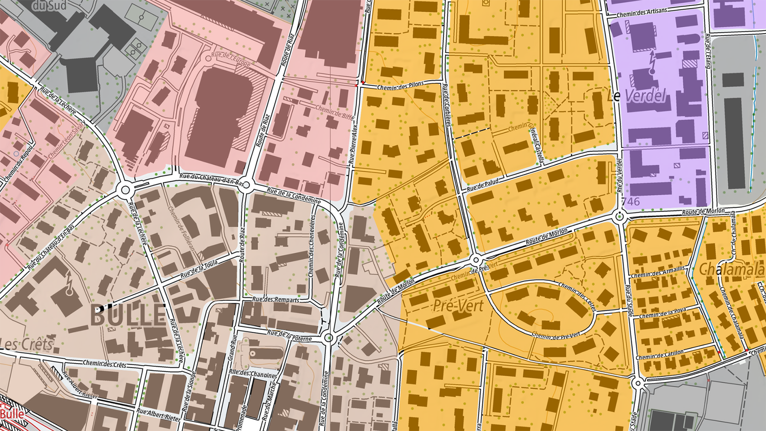 Capture d'écran de la carte de Bulle avec les zones constructibles indiquées en couleur