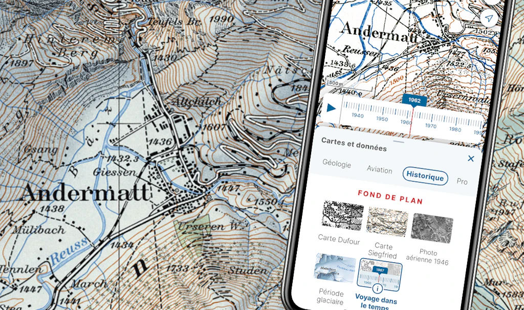 Le voyage dans le temps dans l'application swisstopo