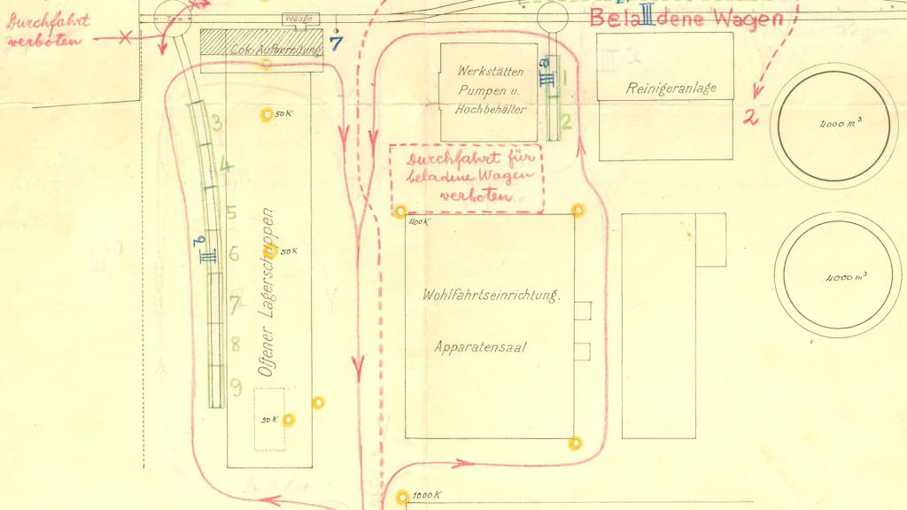 Plan d'évacuation dessiné à la main, montrant en détail l'évacuation de la topographie nationale près de l'usine à gaz de Berne.