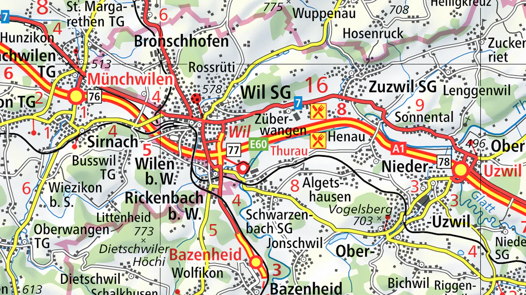 L'image montre un extrait de la carte routière avec les environs de Wil SG