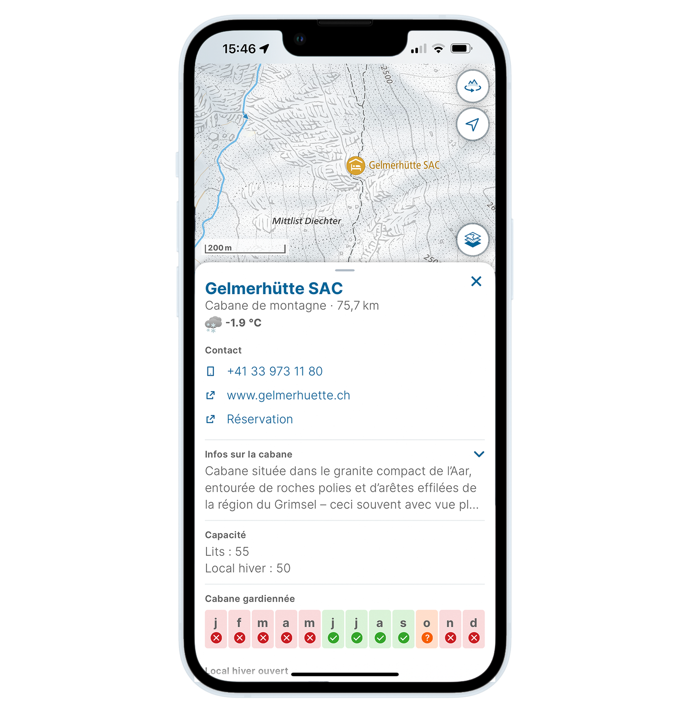 Point d'intérêt - Cabane de montagne Gelmerhütte avec données météo 