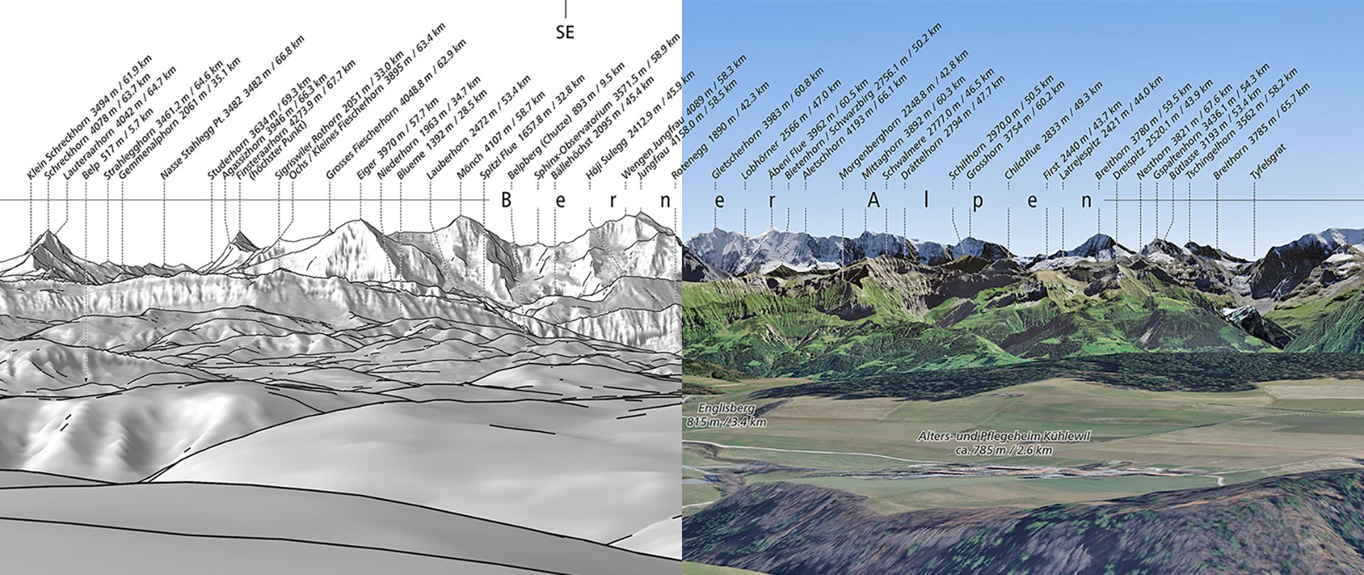 Le collage réalisé montre deux variantes de produit d'un DIGIRAMA Deluxe. À gauche, une image en niveaux de gris et à droite, une image panoramique superposée à une orthophoto.