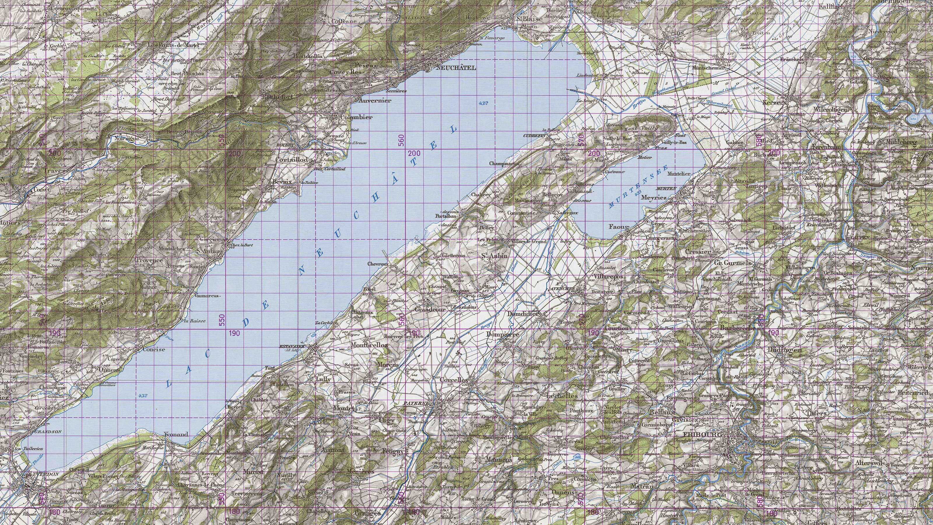 Extrait du lac de Neuchâtel de la carte Dufour avec grille kilométrique violette.