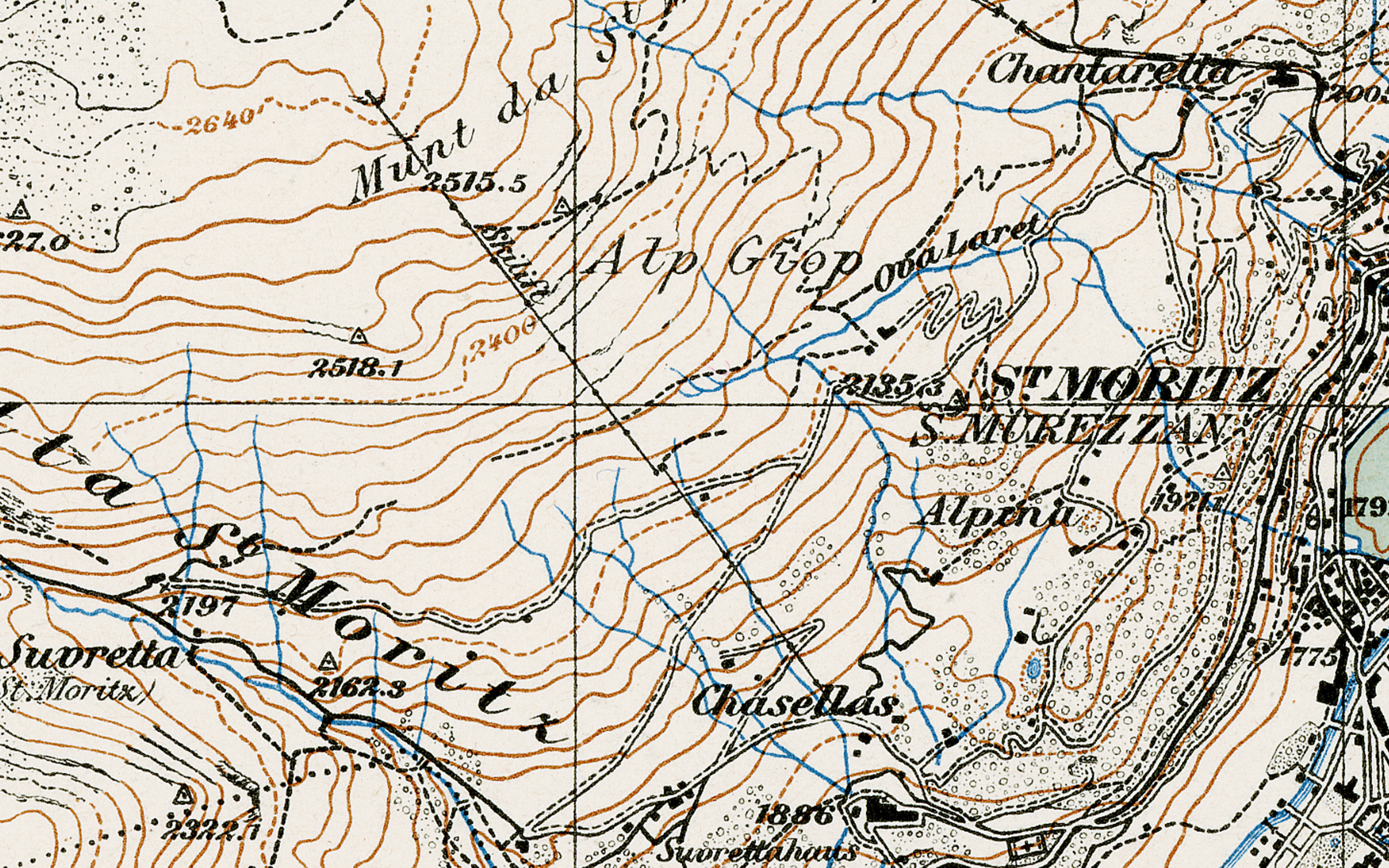 Carte nationale de 1938 montrant St-Moritz avec un téléski.