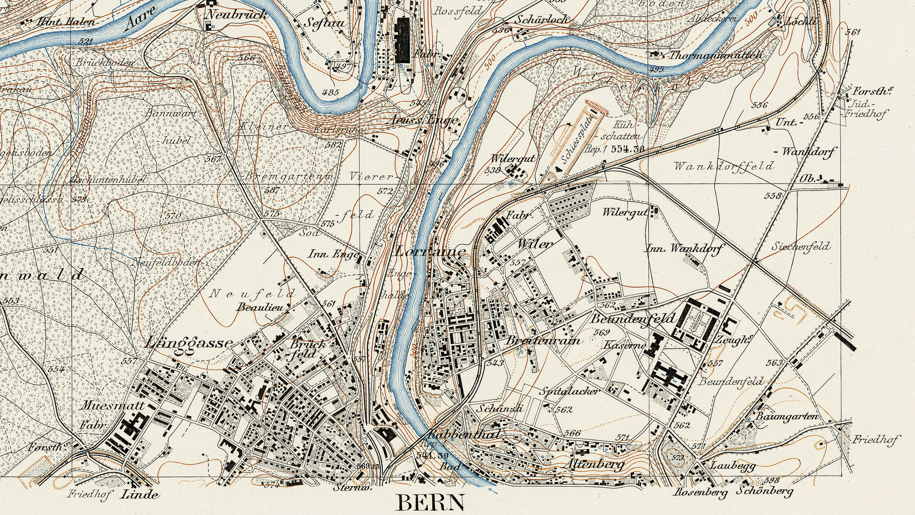 L'image montre un extrait de la carte Siegfried de 1901. Elle montre la moitié nord du centre-ville de Berne. On peut y voir les lignes du quadrillage, qui ne sont toutefois pas numérotées.